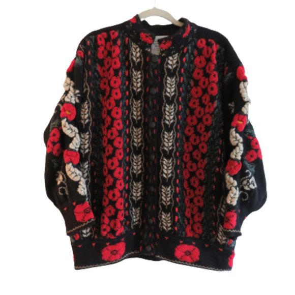 Vintage Sweaters - VINTAGE Maureen Goldie Scotland 100% Wool Black Red Poppy Knit Cardigan